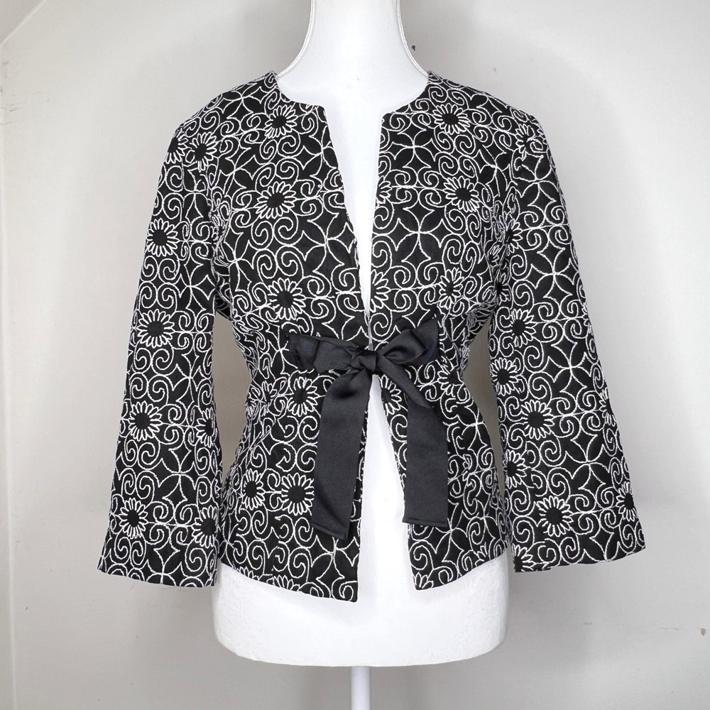 Bandolino Jacket Size 6 Fairycore Floral Embroidered‎ Linen Blend Ribbon Tie Bow - Picture 2 of 7